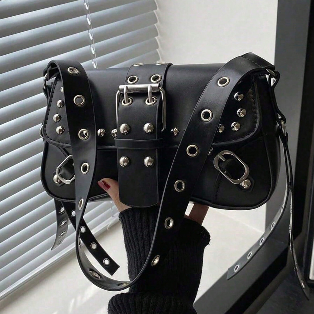 Underarm Bag For Women, Retro Faux Leather Shoulder Bag With Studs & Buckles, Handbag For Daily Party Streetwear photo 5