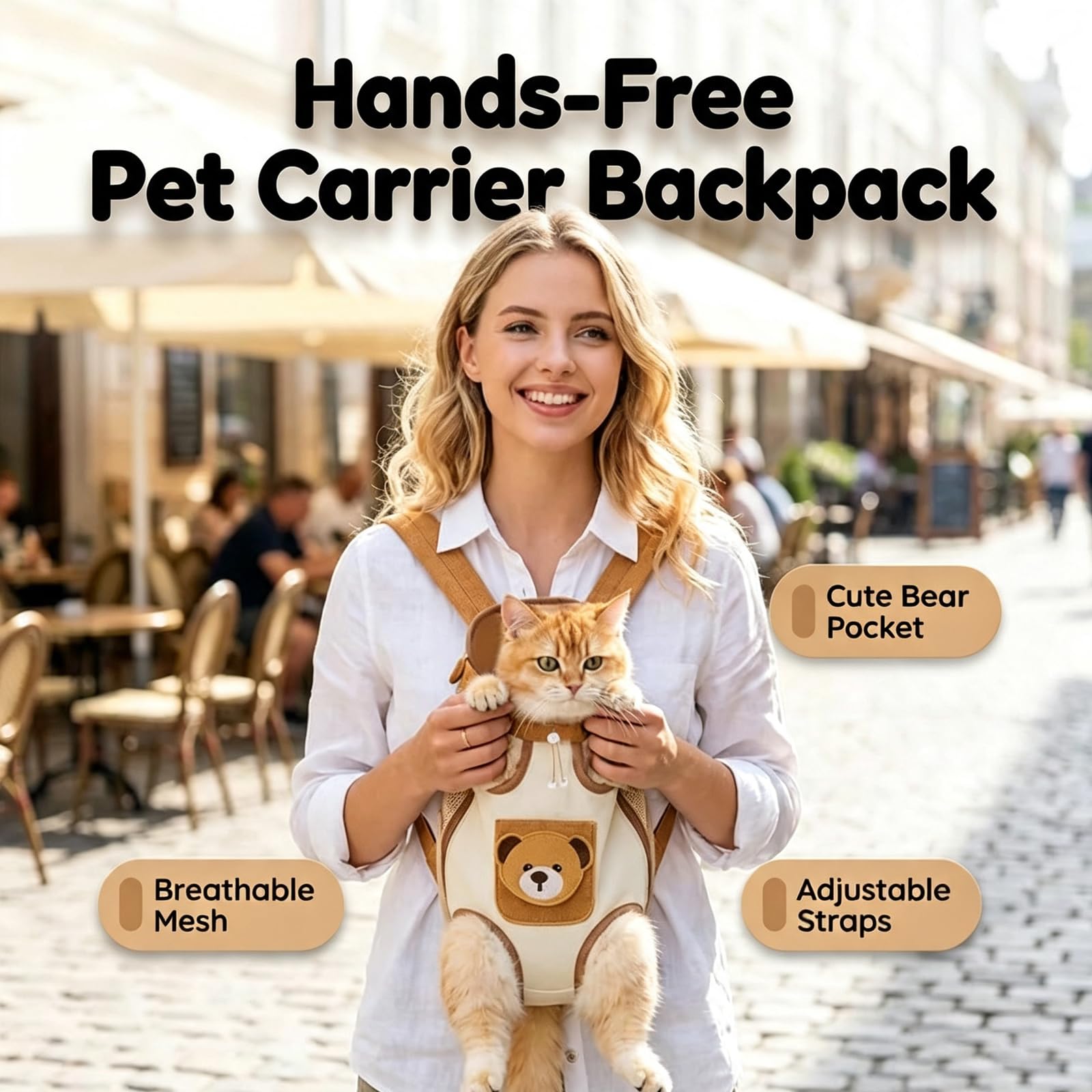 Cute Bear Pet Front Carrier Backpack, Hands Free Chest Carry Bag For Small Dogs Cats, Breathable Legs Out Design Adjustable Secure Buckles For Daily Walking Travel photo 3