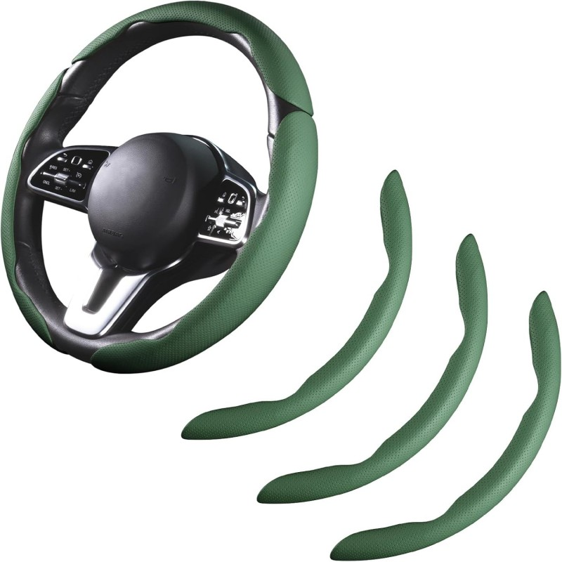 Car Steering Wheel Cover Leather Snap On 3Pcs Set Non-Slip Protector Wrap Steering Wheel Accessories  Universal Green photo 1