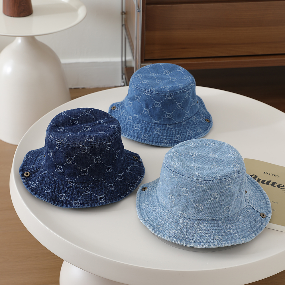 Washed Denim Jacquard Little Bear Fisherman Hat With Wide Brim And Rolled Edge Bucket Hat For Big Children's Outdoor Play And Leisure photo 1