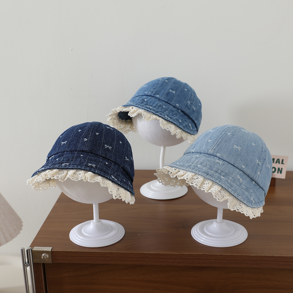 Children's Korean-style Textured Butterfly Knot Lace Trimmed Sailor Hat, Washed And Distressed Wide Brim Soft Cap photo 1