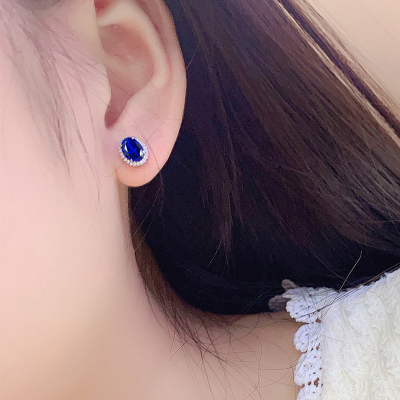 S925 Silver 1.9g Lab-Created Ruby Sapphire Earrings, 7x5mm Halo Studs, 2 Colors photo 6