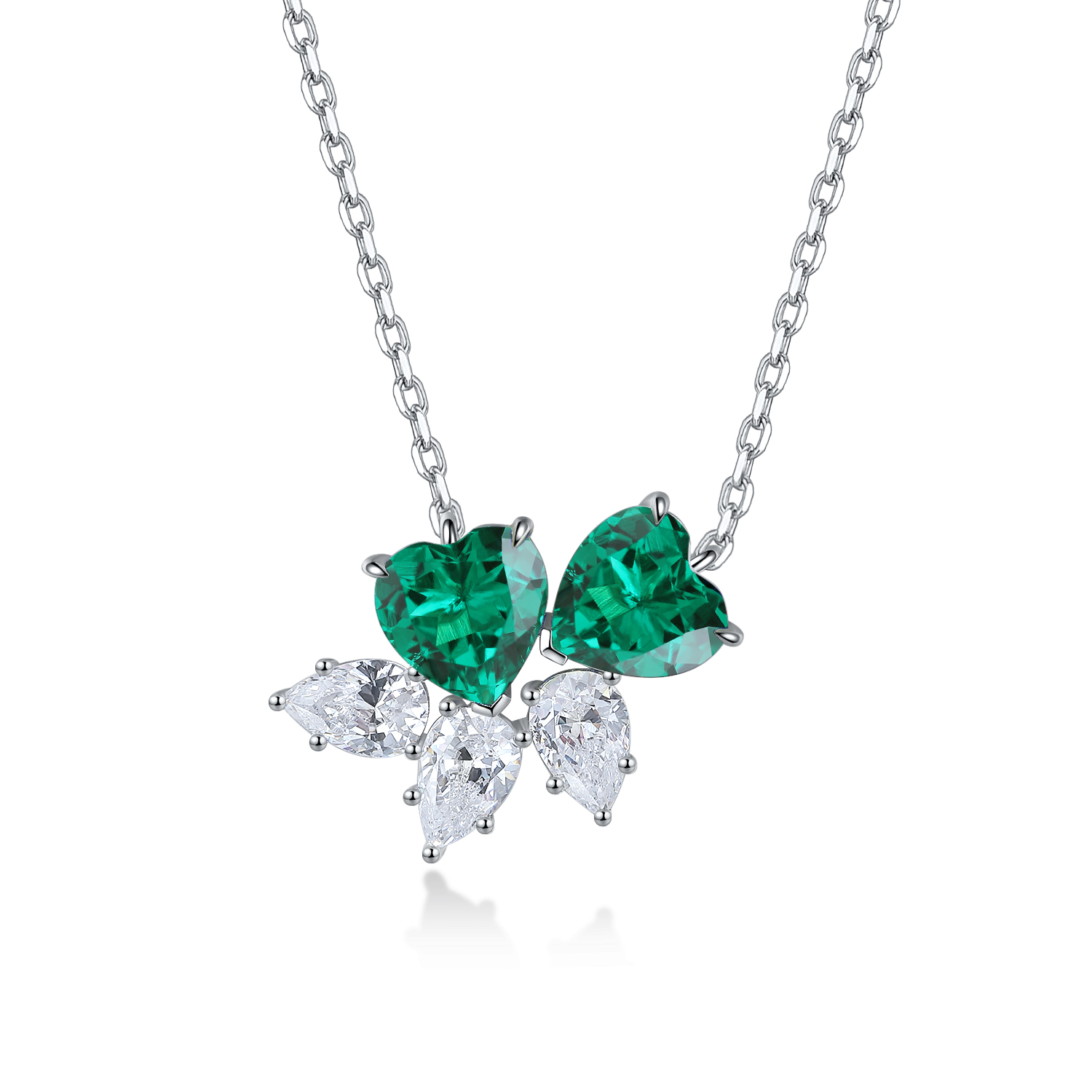 S925 Silver 4.1g Double Heart Lab-Created Gemstone Necklace, 7mm Pendant, 4 Colors, 40&5cm photo 4
