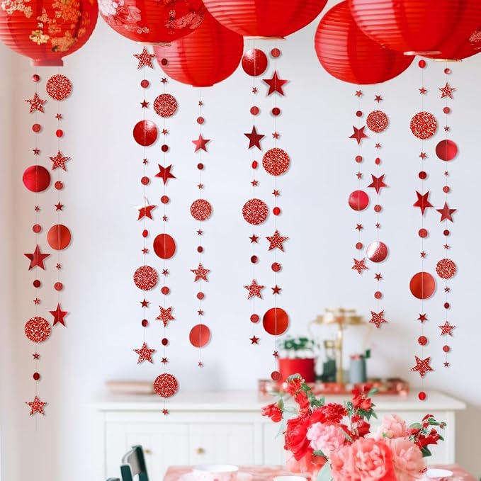 Red Circle Dot And Star Garlands Metallic Hanging Bunting For Christmas, New Year, Wedding And Party Decor photo 5