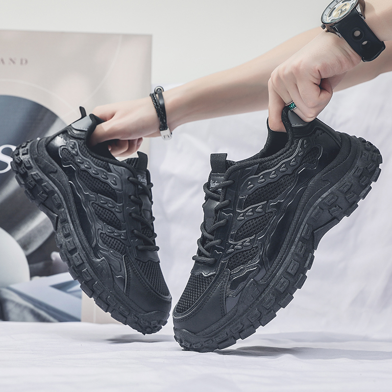 Men Black Safety Work Sneakers, Breathable Anti-slip Tire Sole Height Boost Trendy Dad Shoes photo 1