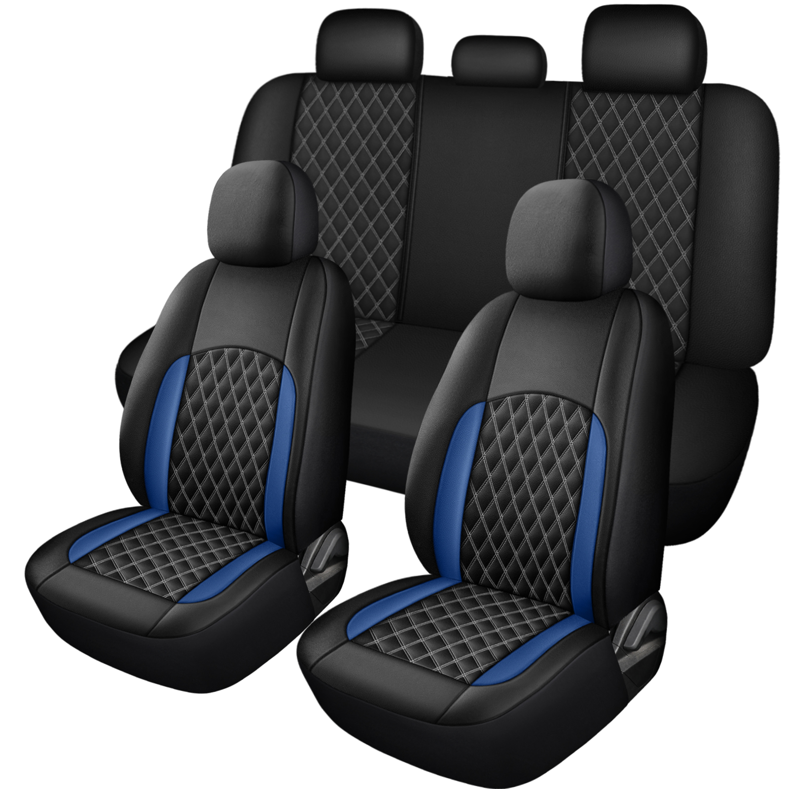 Sport Racing Style PU Leather Car Seat Covers Full 5 Seats, Dual Side Colored Double Stitch Diamond Grid  Inner Diamond Thread All White , Breathable Wearproof Universal Auto Seat Cushion Protector photo 3
