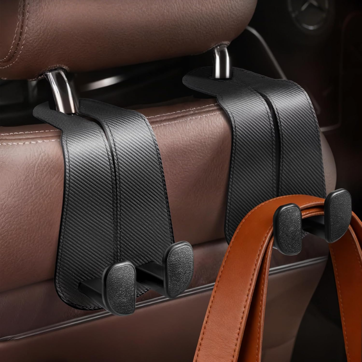 CoBak Extra Wide Car Seat Back Hooks, Premium Stitched Leather Headrest Hangers With Wide Slot Structure, Universal For Any-Width Purses, Handbags, Bags 2 Pack Carbon Fiber Black photo 1