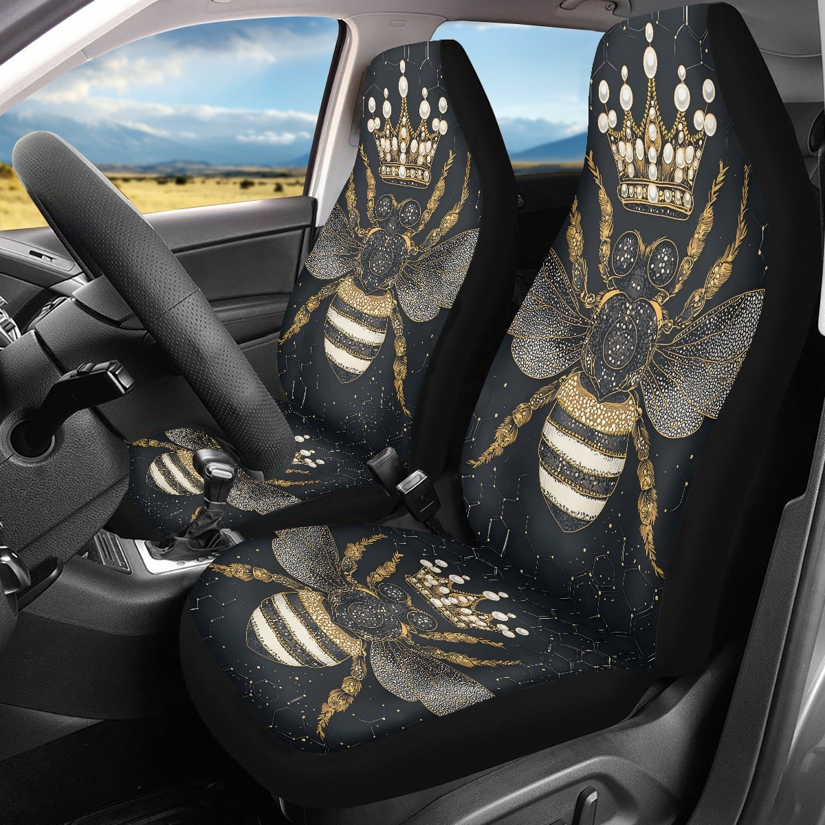 2 Front Car Seat Covers, Digitally Printed With A Honeybee Pattern, Thin, Suitable For All Seasons, Fashionable Car Seat Covers photo 1