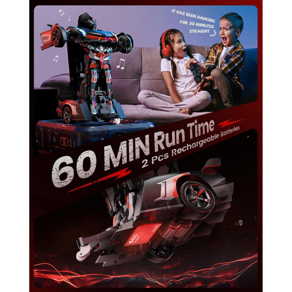 Transform RC Robot Car Toy, Gray Gesture Sensing, Auto Deformation, LED Lights, Sound, 2 Batteries 60 Min Play, Durable ABS photo 2