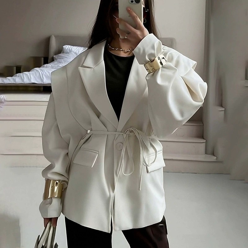 Amazon's 2025 Autumn And Winter New Cross-Border European And American Fashion Waist-Cinching Slimming Tie Loose Versatile V-Neck Jacket For Women photo 2