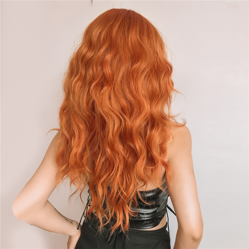 Orange Long Curly Hair With Bangs Wig photo 3