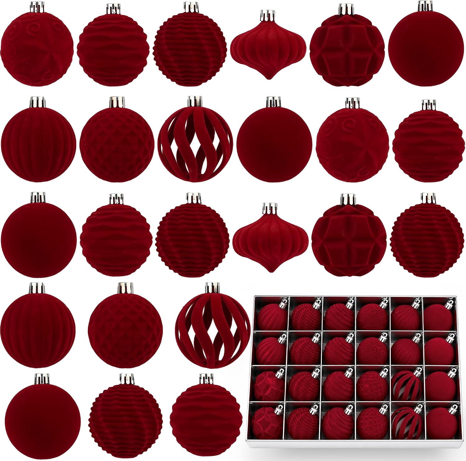 Burgundy Velvet Christmas Ball Ornaments 24 Units, 9 Designs 2.36 Inch Hanging Tree Decorations For Holiday Home Decor photo 1
