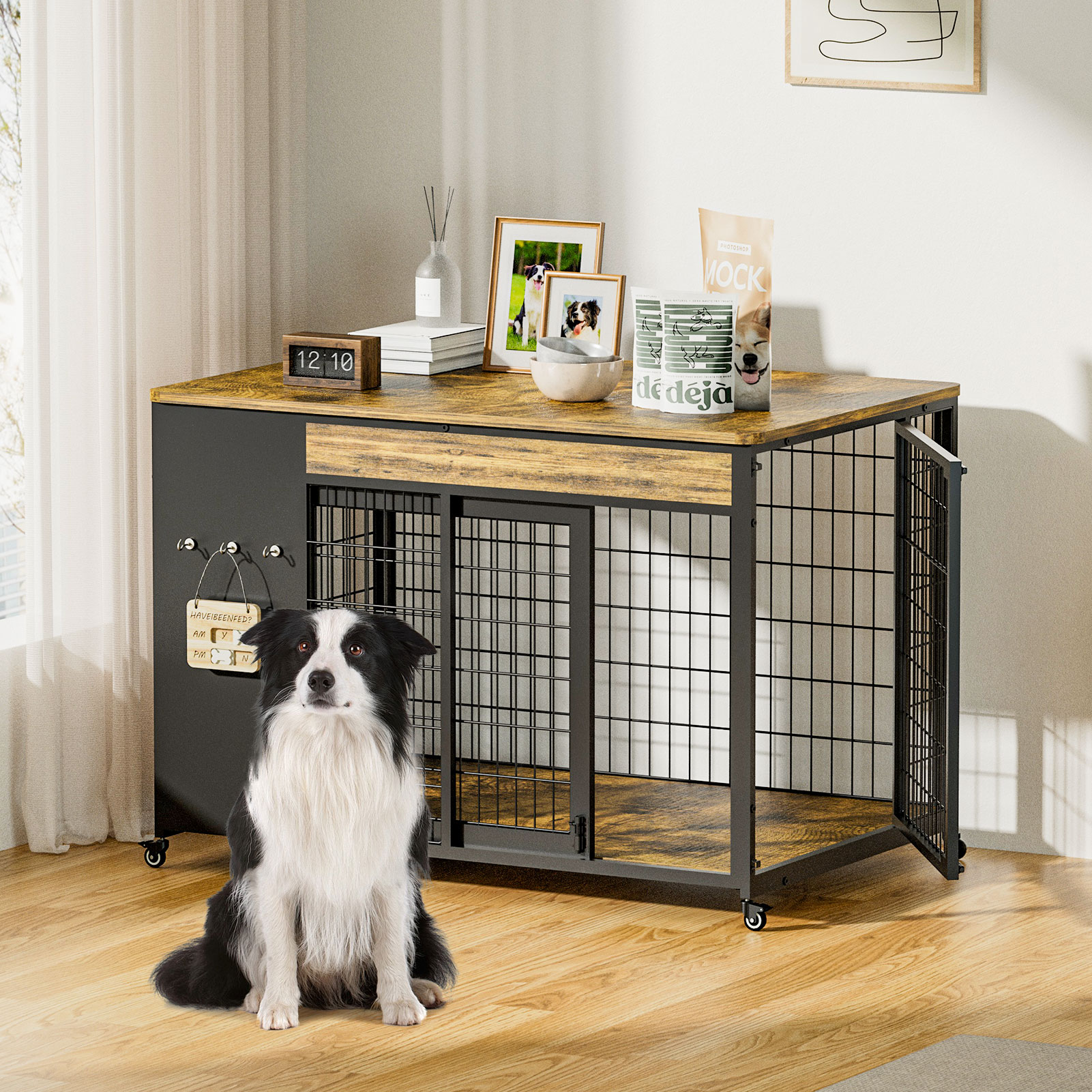 38in  Dog Crate Furniture - Dog Crate With DIY Frame, Sliding Door Indoor Kennel, Wooden Dog Cage End Table, For Medium-Large Breed, Size L photo 4
