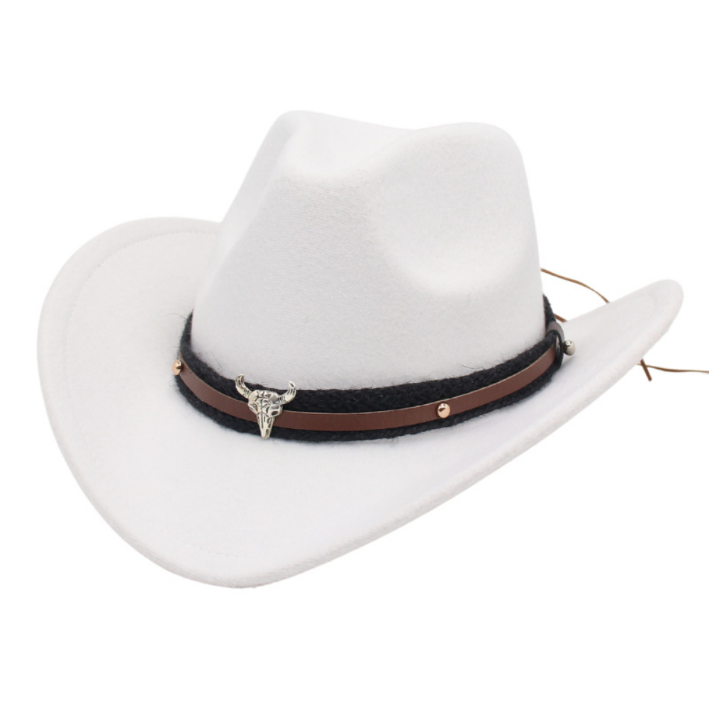 Retro American Western Cowboy Hat - Silver Bull Head Wide Brim Felt Hat  Knitted Headband, Suitable For Outdoor Riding, Traveling And Photography photo 4