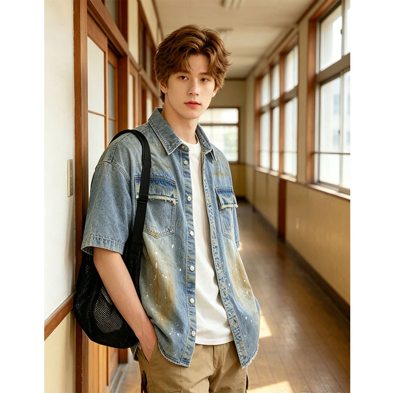 Oversized Denim Shirt Men Vintage Distressed Short Sleeve Streetwear Jean Top Ready To Ship From US photo 3