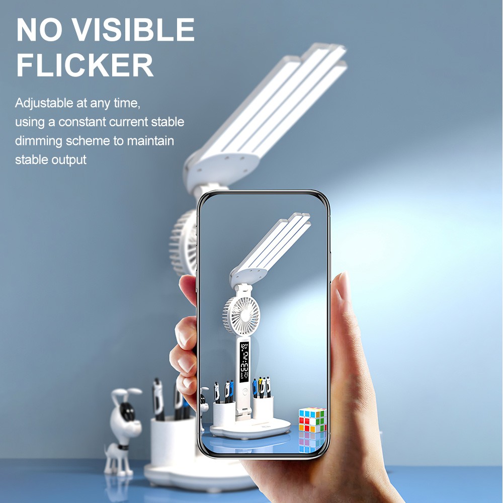 4-Head LED Desk Reading Lamp With Fan Clock Dimmable Rechargeable Touch Light photo 2