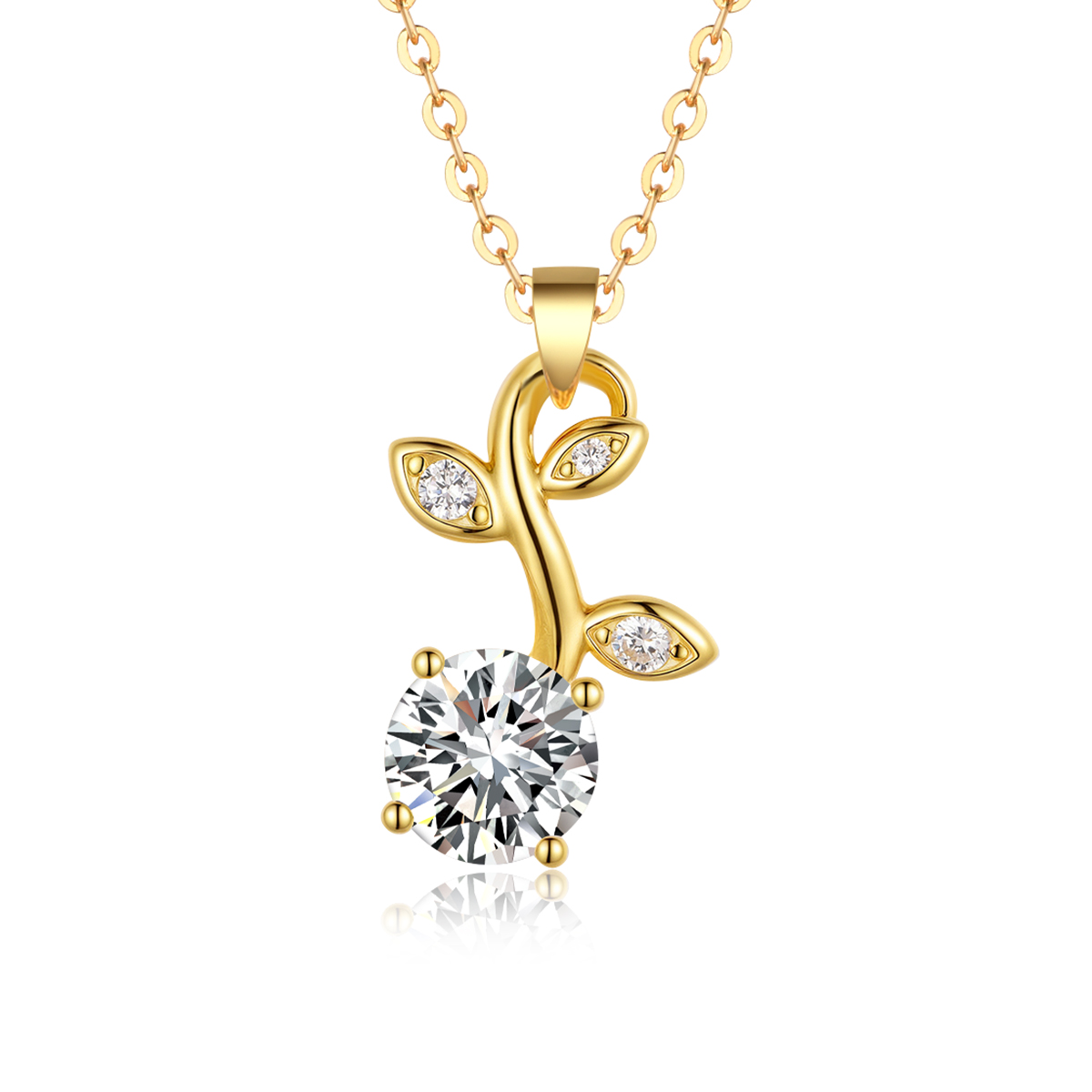 S925 Silver Gold Plated Moissanite Leaf Necklace, 7.0mm 1.2CT D VVS1 Round Stone, GRA Certified 45cm Chain photo 1