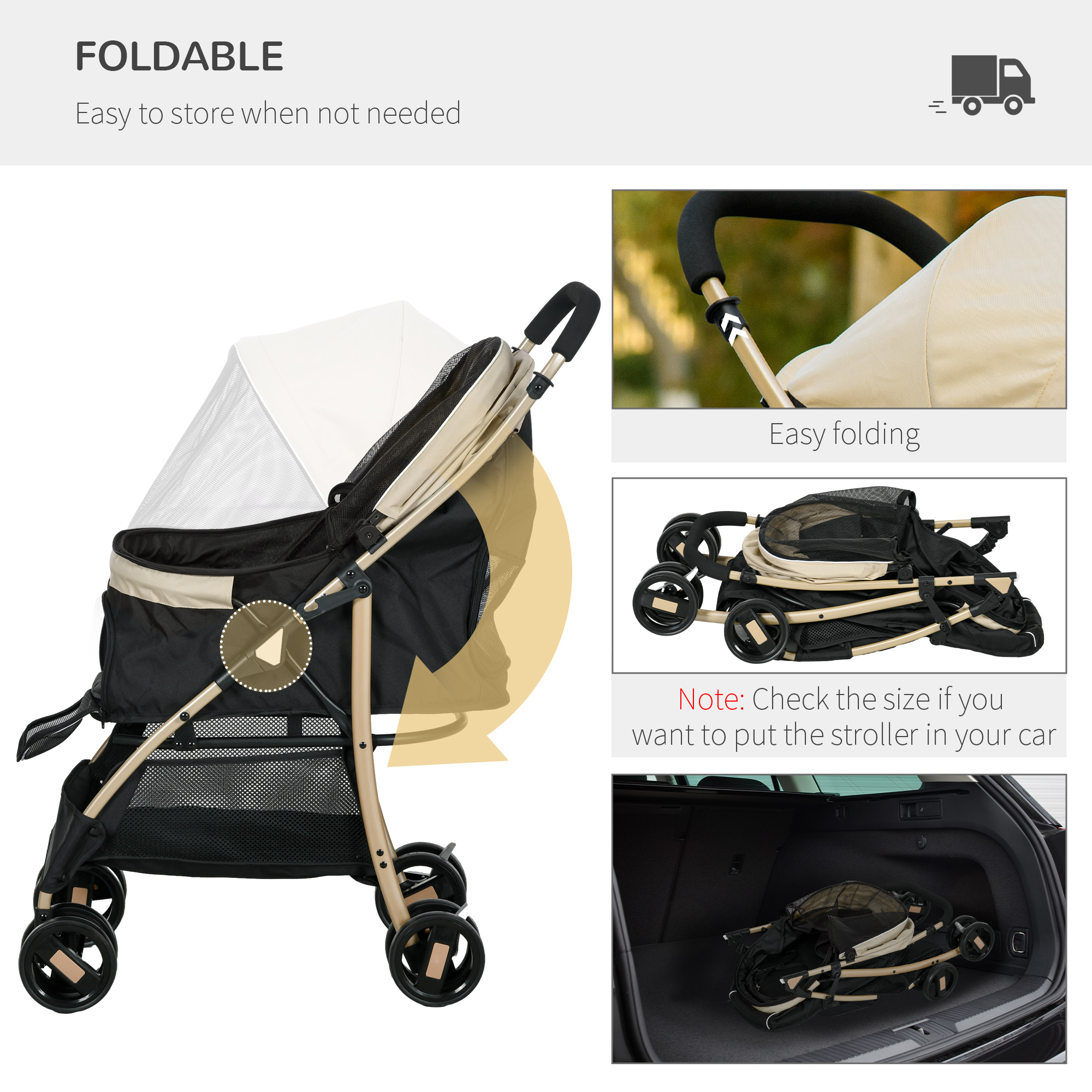Pet Stroller For Small And Miniature Dogs, With Rain Cover - Khaki photo 3