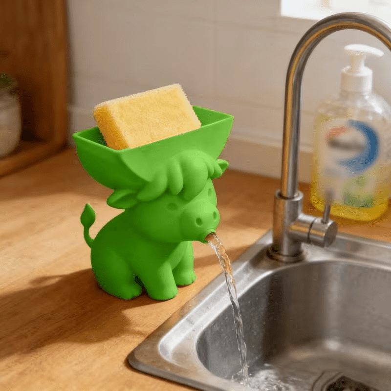 Cute Cow Sponge Holder, Kitchen Sink Organizer With Drain Spout, Animal Shaped Sponge Storage Rack For Countertop photo 7