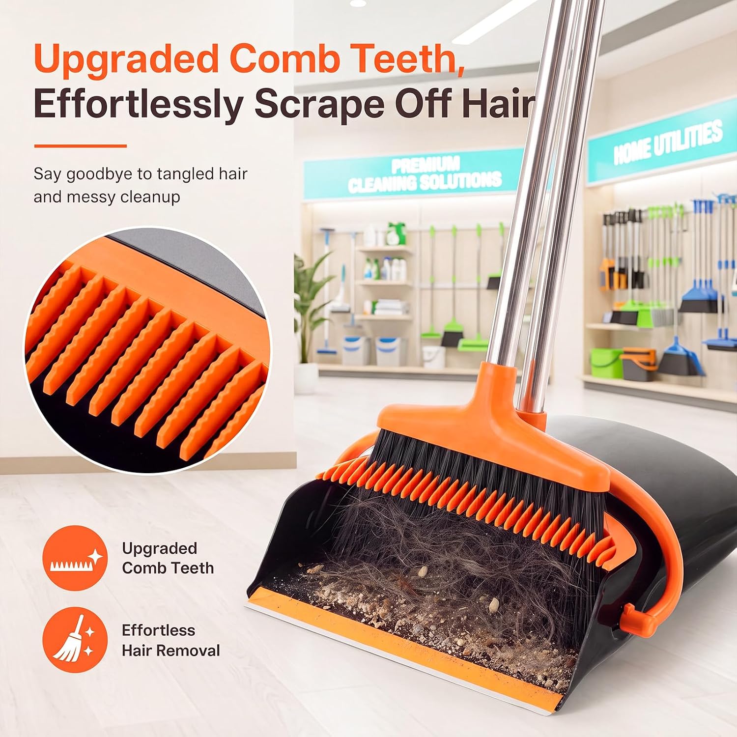 54.33-inch Long-handled, One-piece Design, Lightweight Stainless Steel Handle, Upright Dustpan With Broom Combination, Suitable For Household, Kitchen, Office And Pet Hair Cleaning Black And Orange. photo 1