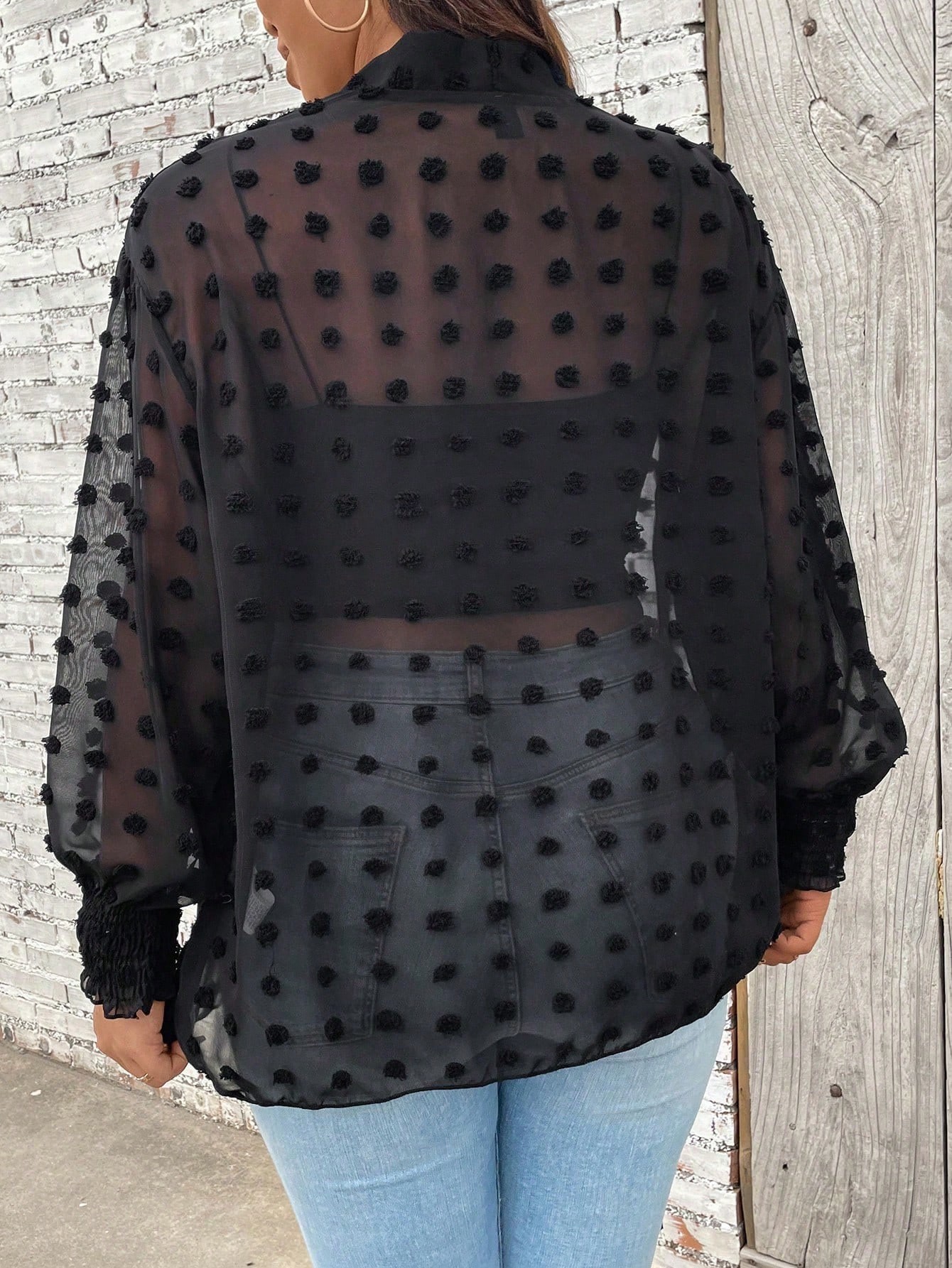 Women's Plus Size Black Swiss Dot Sheer Kimono Cardigan - Long Sleeve Open Front Chiffon Cover Up With Pockets photo 4