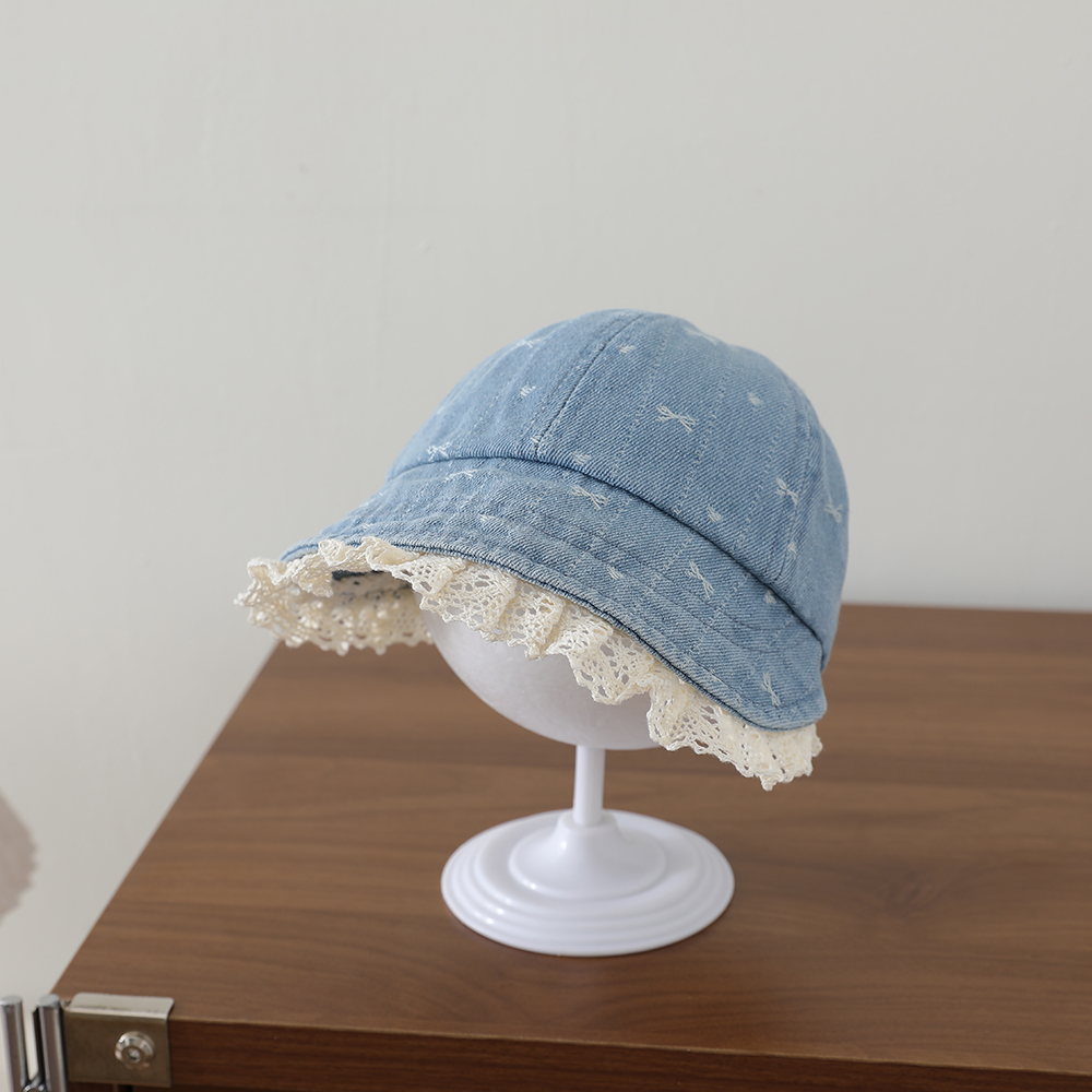 Children's Korean-style Textured Butterfly Knot Lace Trimmed Sailor Hat, Washed And Distressed Wide Brim Soft Cap photo 2