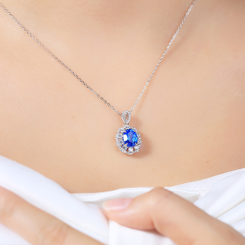 S925 Silver 4g Lab-Created Cobalt Spinel Paraiba Necklace, 7x9mm Pendant, 40&5cm photo 2