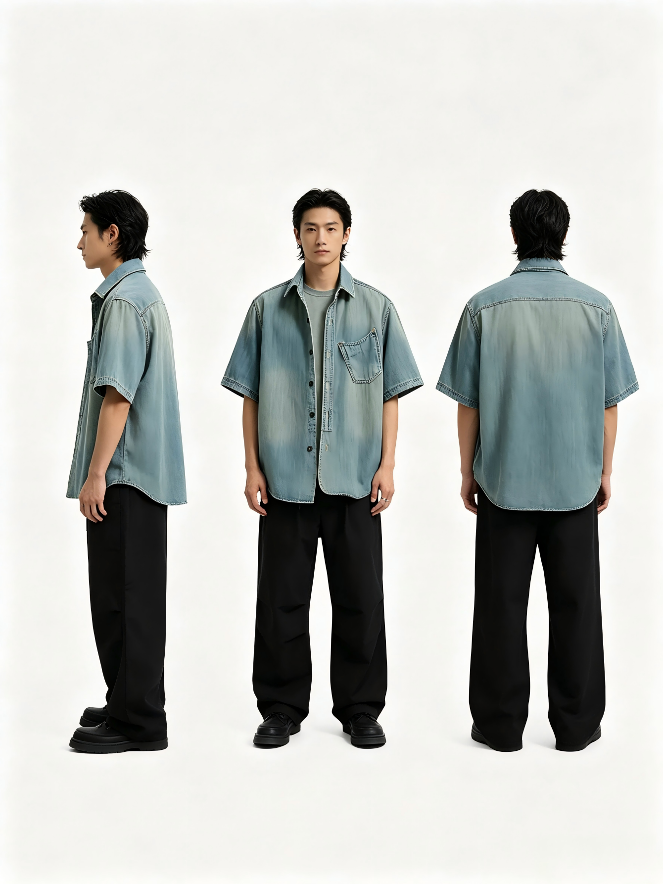 US Local Stock Men's Short Sleeve Denim Shirt Light Wash Relaxed Fit Casual Jean Overshirt photo 7