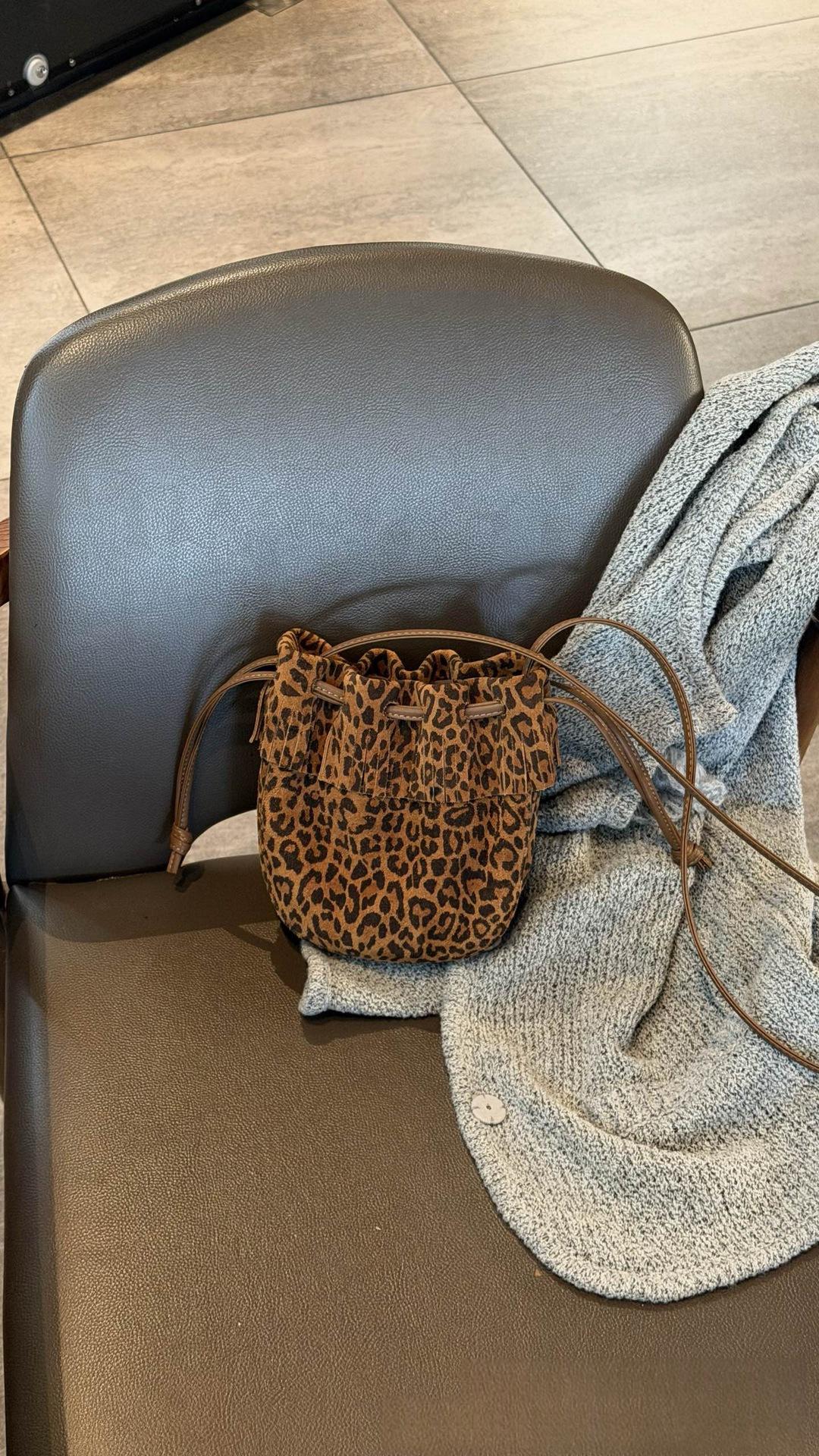 Tassel Bucket Bag, Genuine Leather Single Shoulder Diagonal Cross Bag, 2026 New Drawstring Underarm Bag, High-end Women's Commuting Small Bag - Leopard Print Brown photo 5