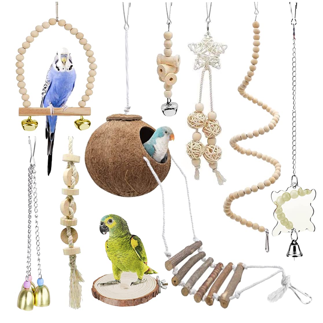 9-Piece Parakeet Toys & Budgie Toys, Bird Cage Accessories Set Natural Wood Bird Toys Include Coconut Hideaway, Swing, Ladder, Perch, Mirror And Hanging Toys For Budgies & Cockatiels photo 1