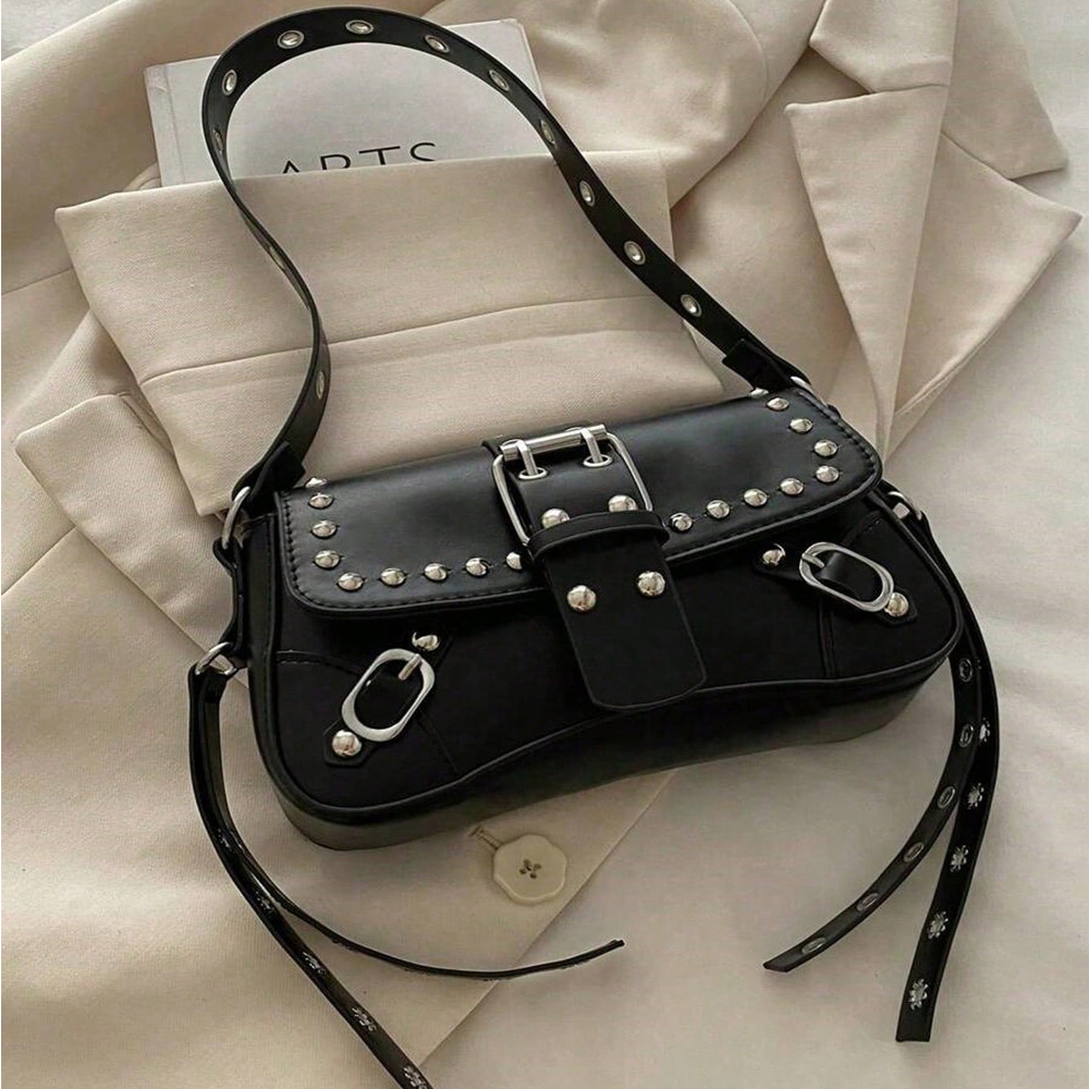 Underarm Bag For Women, Retro Faux Leather Shoulder Bag With Studs & Buckles, Handbag For Daily Party Streetwear photo 2