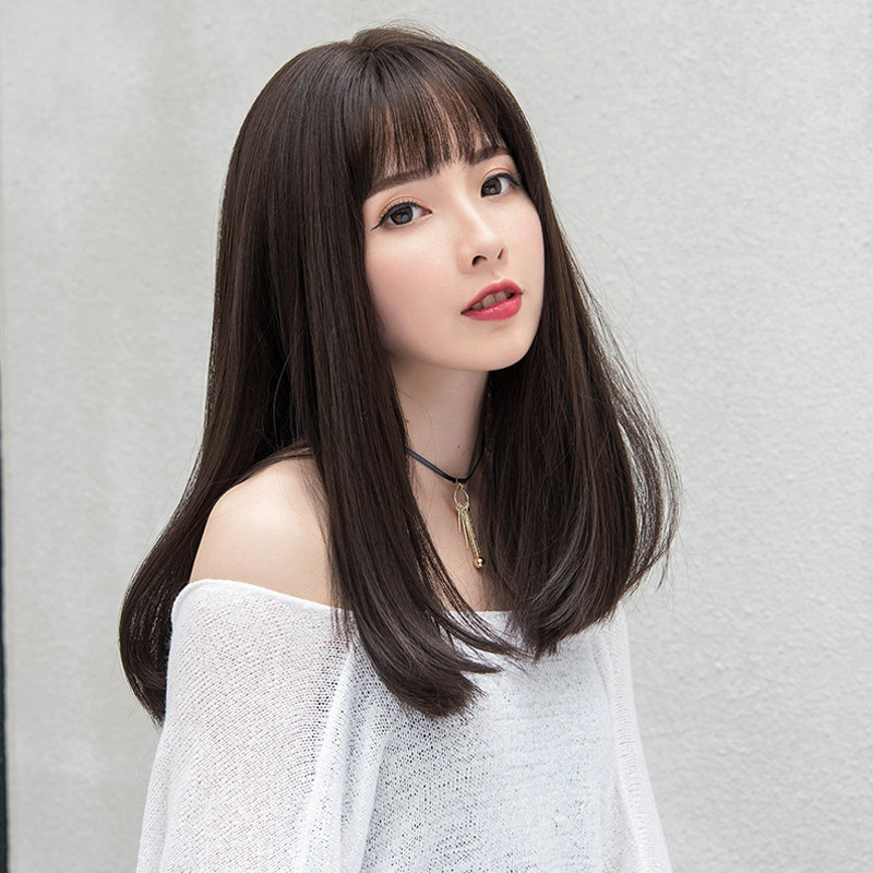 Japanese And Korean Wig Women's Air Bangs Medium Long Straight photo 4