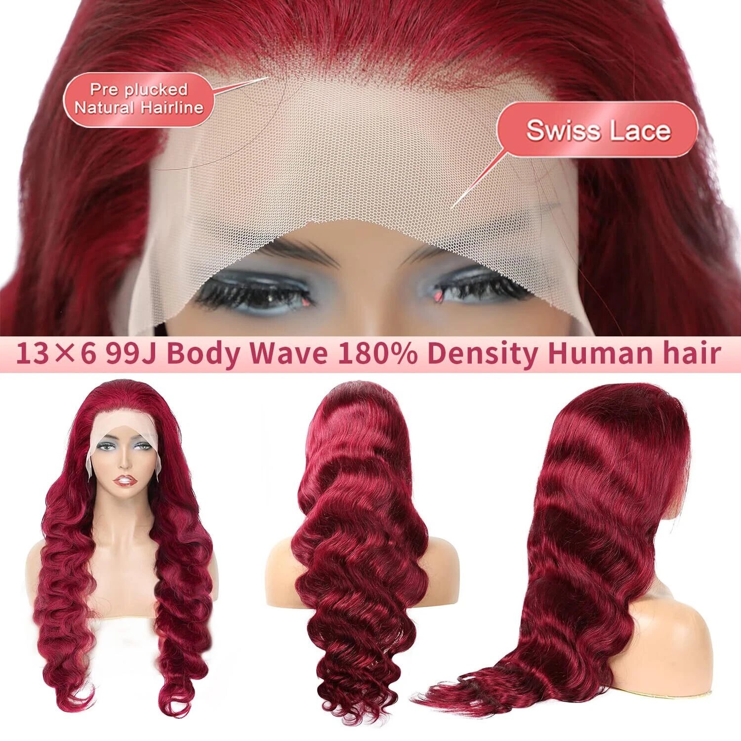 13x6 Lace Front Human Hair Wig Burgundy Red Body Wave, Density, 22 Inches photo 4