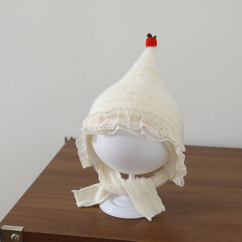 Sweet Style Baby Plush Pointed Hat With Baby Lace Trim And Drawstring Ear Protectors, Outdoor Warm Knitted Hat photo 3