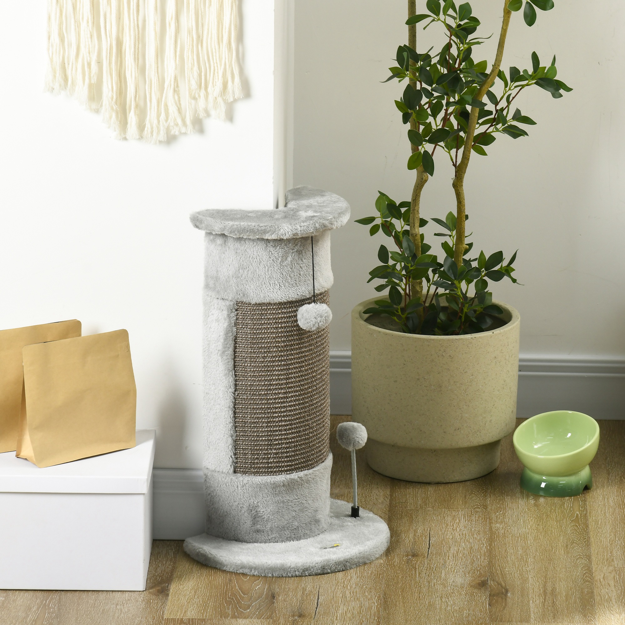 58cm Cat Scratching Post, With Covered Plush, Play Balls, For Corner Walls - Grey photo 3