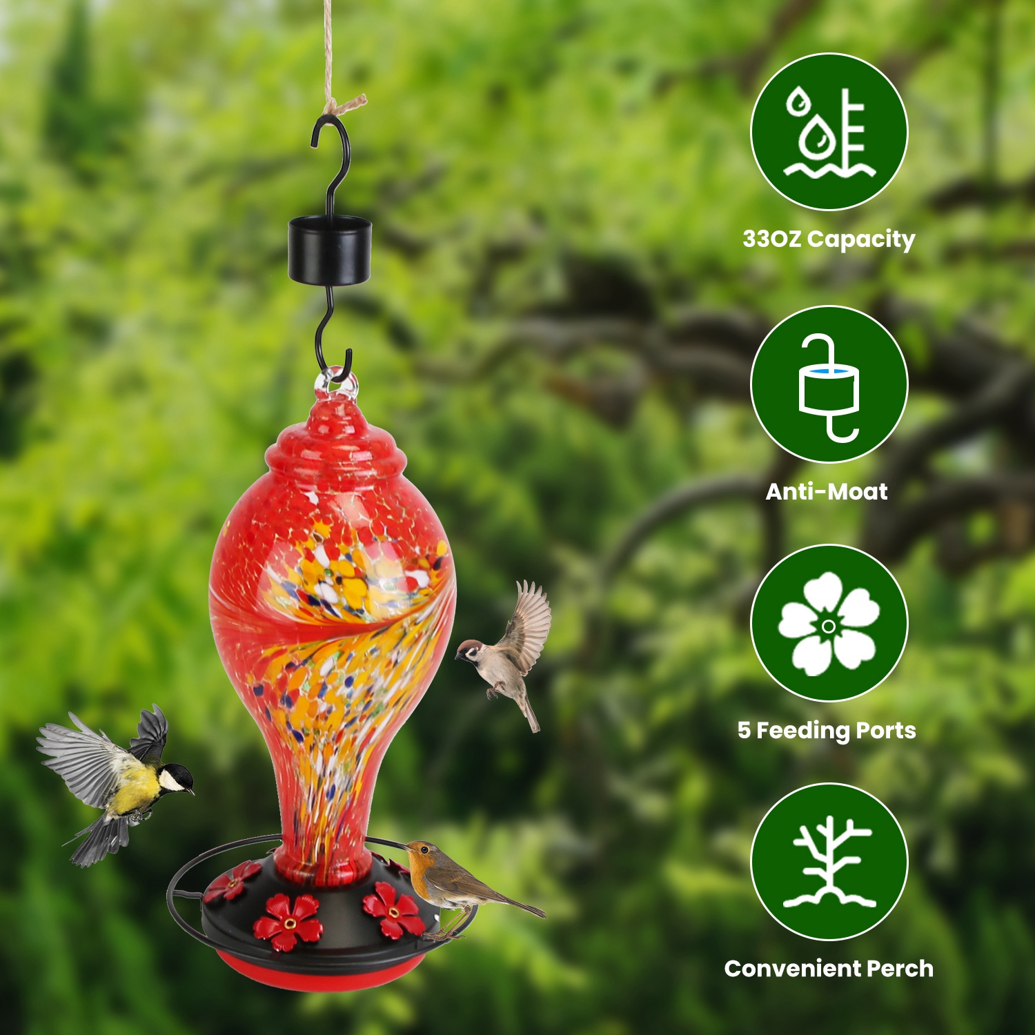 1Pc Glass Hummingbird Feeder 33OZ Hand Blown Hummingbird Feeder With 5 Flower Feeding Port Perch Ant Moat Hanging Hook S Hook Hemp Rope Cleaning Brush For Garden Decor photo 1