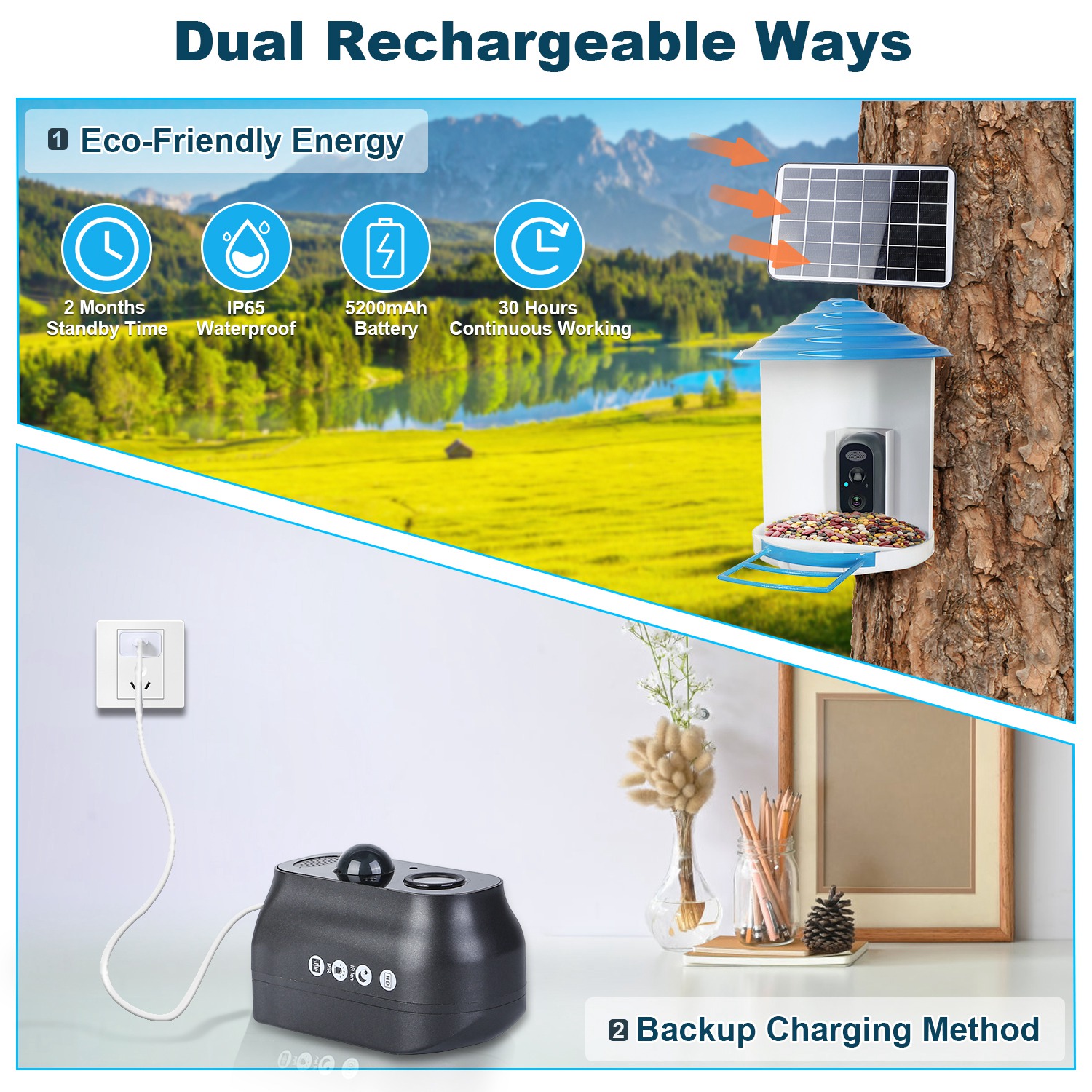 Smart Bird Feeder With Solar Powered Camera 1080P HD AI Identify PIR Motion Auto Capture Video Cloud Card Storage WiFi Connection App Control IP65 Waterproof photo 2