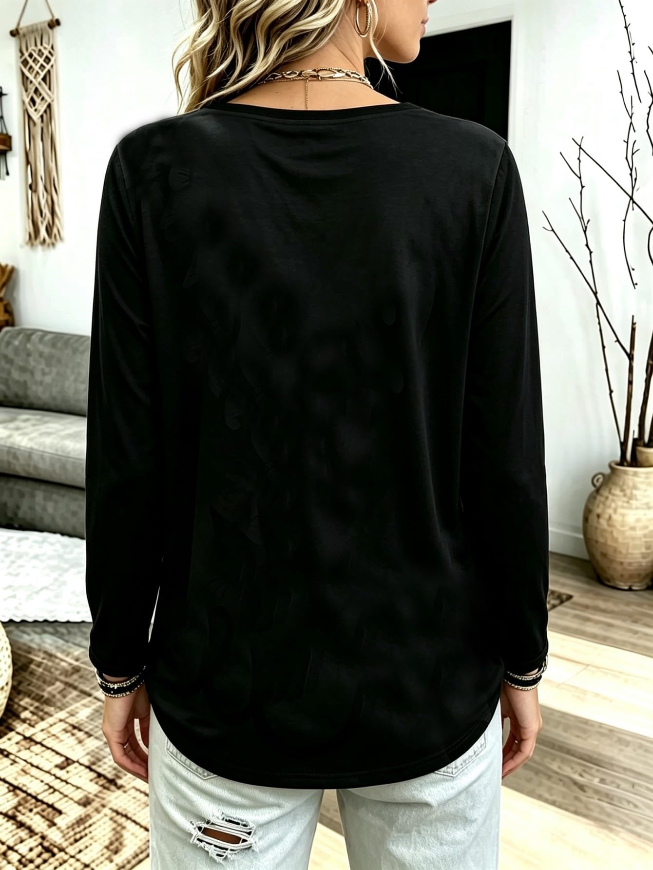 Women Halloween Black Cat Print Long Sleeve T Shirt Scoop Neck Casual Fall Tee Top For Daily Party Wear photo 2