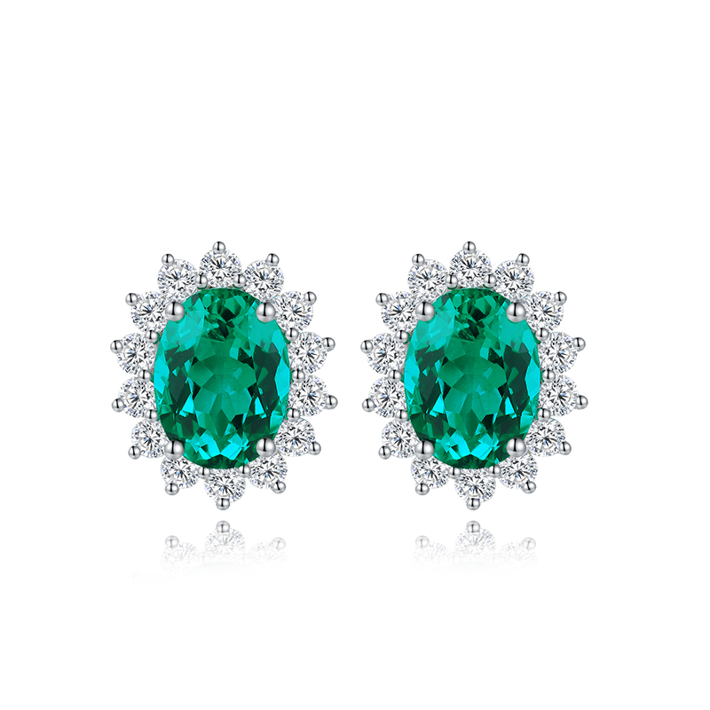 S925 Silver 3.1g Lab-Created Ruby Sapphire Emerald Paraiba Earrings, 8x6mm Halo, 4 Colors photo 3
