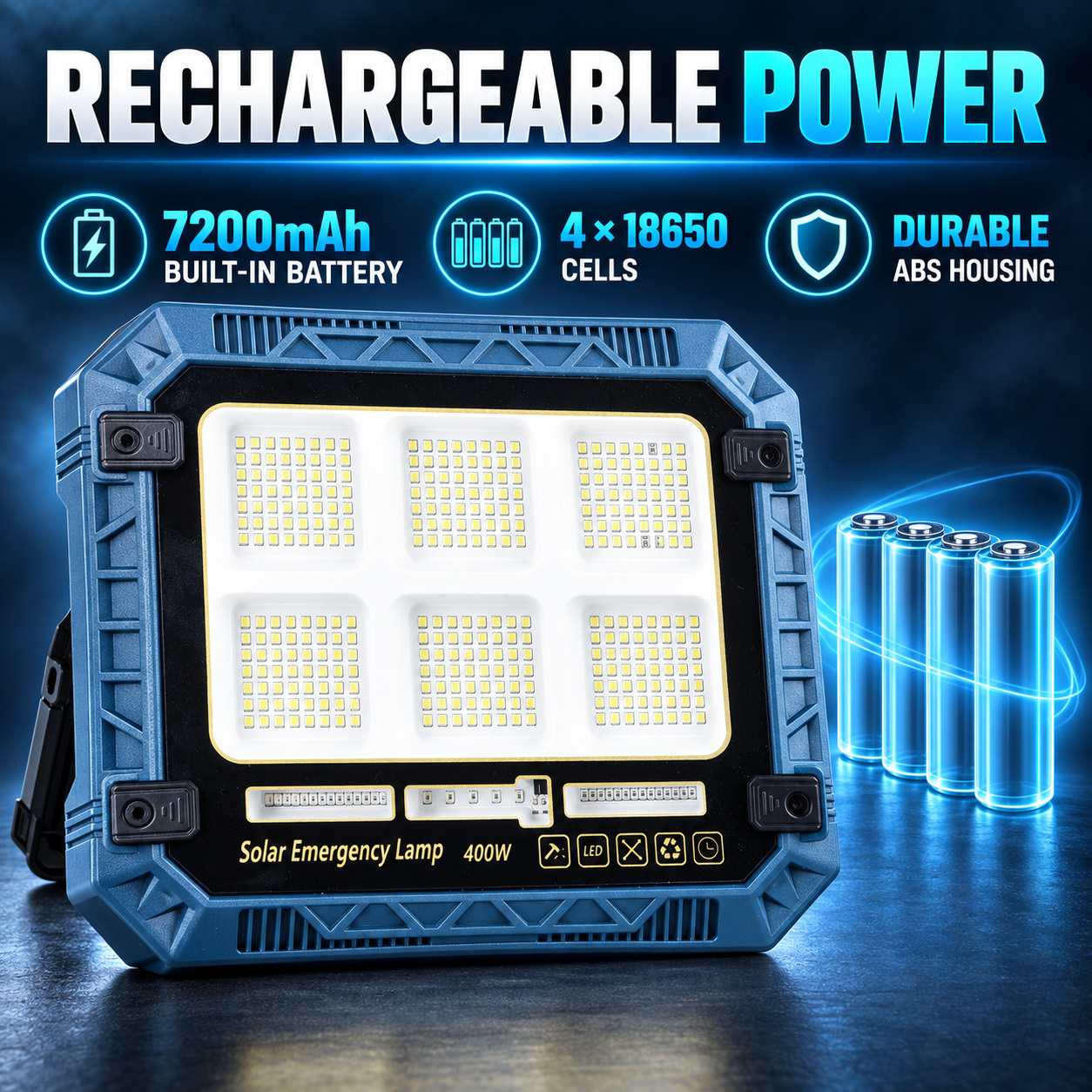 Solar Powered Rechargeable Battery Display 18650 W8113 3 Red Blue Warning LED Flood Light SMD photo 7