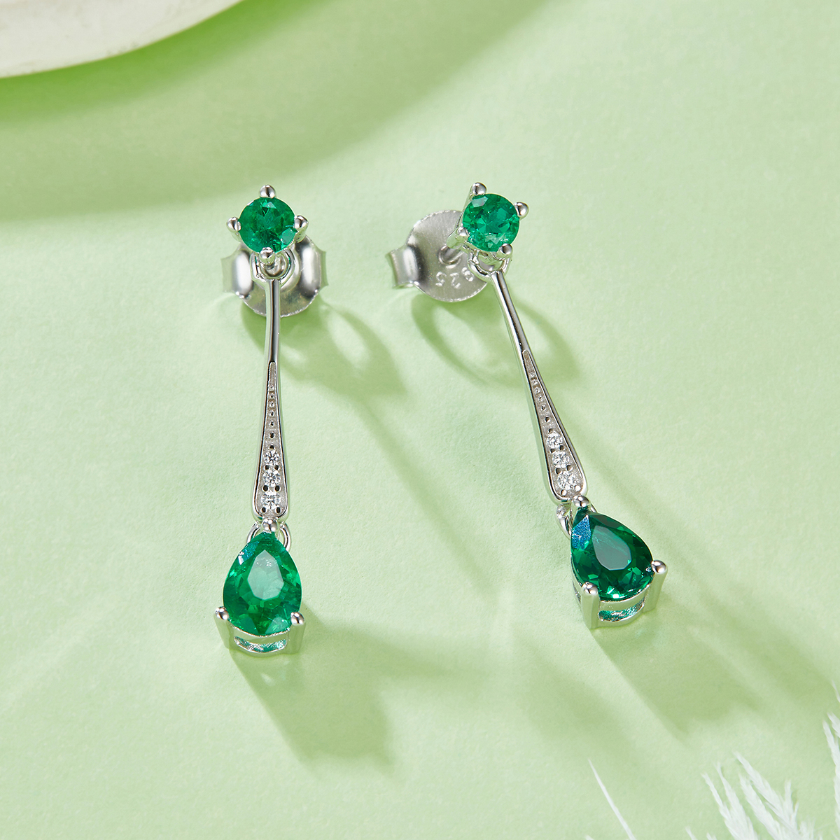 S925 Silver 1.7g Lab-Created Emerald Drop Earrings, 0.5ct 6x4mm Pear & Round, Pair photo 2