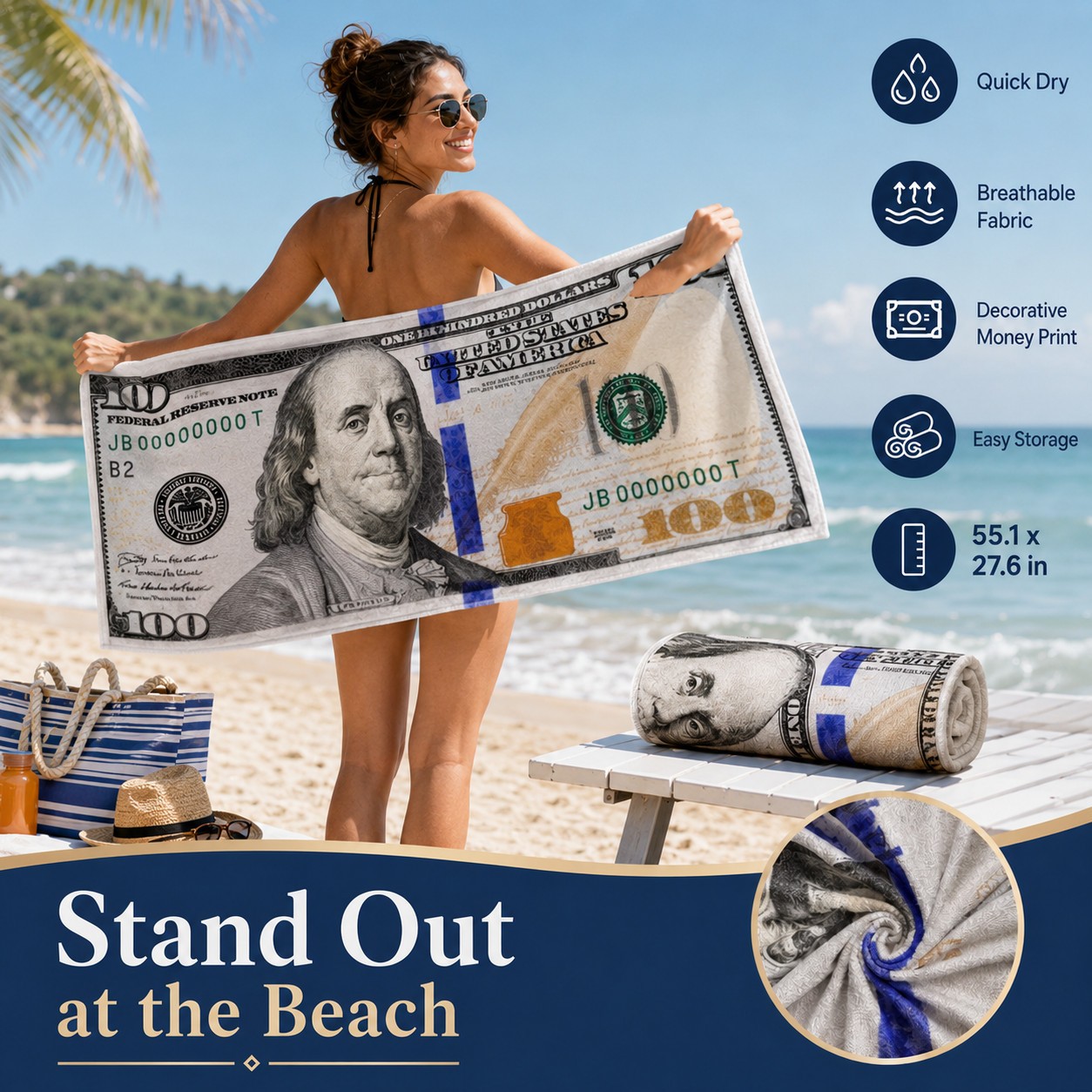 55x28in Cash Print Beach Towel Soft Velour Absorbent US Dollar Seaside Pool Towel photo 2