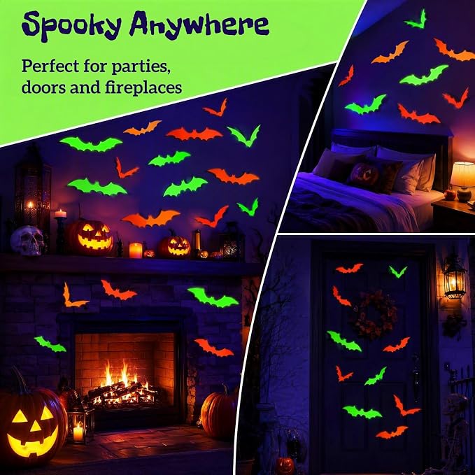 60-Piece 3D Glow-in-the-Dark Halloween Bat Wall Decals Flying Bat Stickers For Spooky Decor photo 4