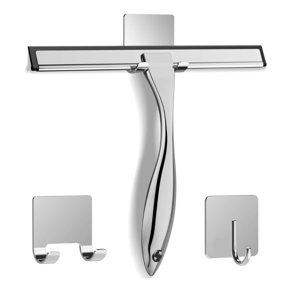 All-Purpose Stainless Steel Shower Squeegee For Shower Glass Door With 2 Adhesive Hooks photo 1