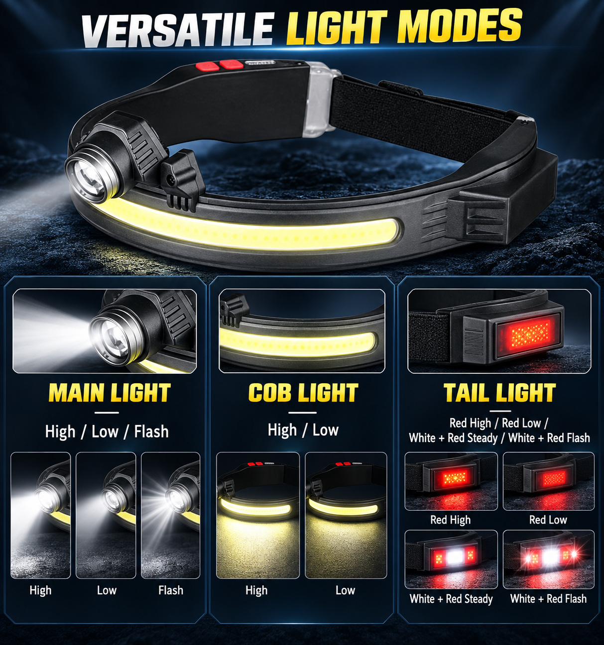 Rechargeable Zoomable Battery Display Type C LED Work Light 1200mAh W694 1 370LM Headlamp COB photo 6