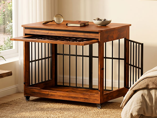 46in Large Dog Crate Furniture, Double Door Wooden Indoor Dog Kennel Furniture, Decorative Pet Cage End Table With Wheels For Extra Large Breed Dogs, Size 2XL, Greige photo 1
