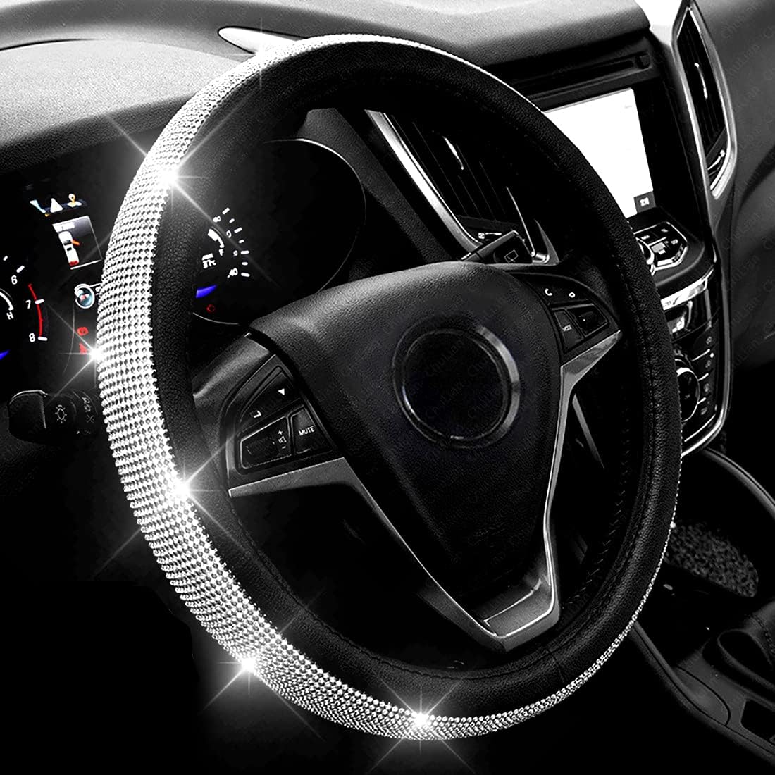 Diamond Leather Steering Wheel Cover With Crystal Rhinestones, Sparkle Decor For Car Interior And Comfortable Grip photo 1