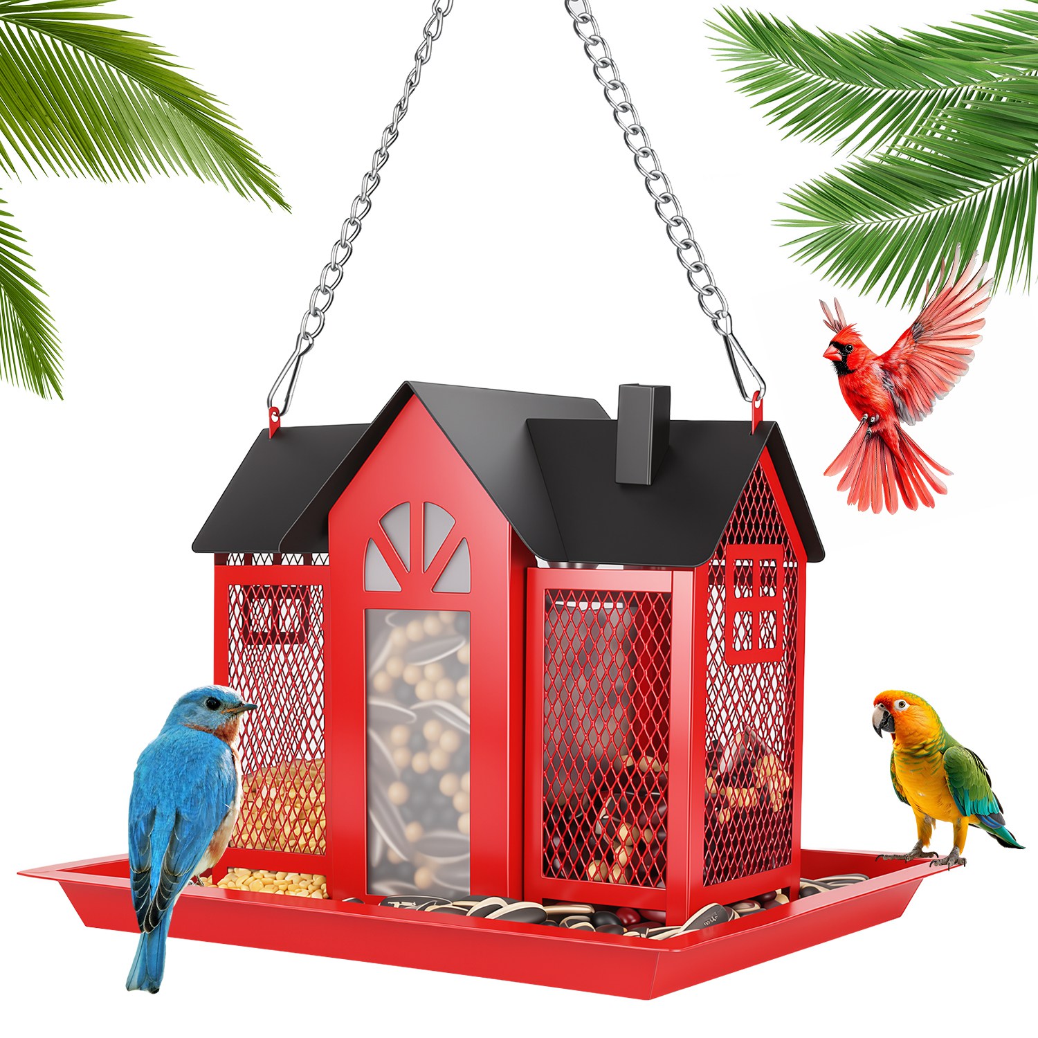 1Pc  Metal Hanging Bird Feeder House Classic Barn Bird Feeder House Iron Hanging Outdoor Feeder With Visible Window And Lift Top Lid 15.75in Hanging Length Wild Birds Garden Yard photo 3