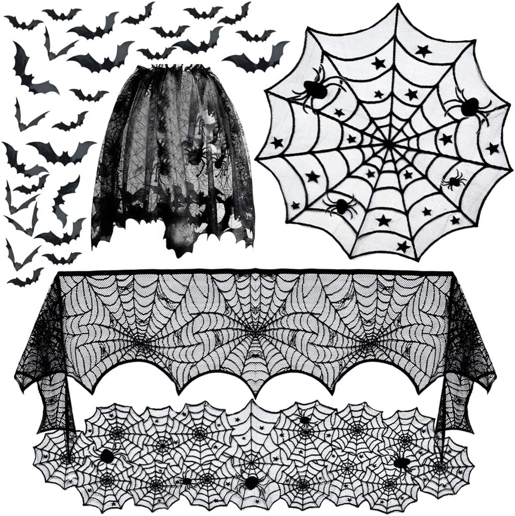 Halloween Spiderweb Tablecloth Runner 5 Units, Black Lace Cobweb Table Cover With 36 3D Bats For Party Mantel Decor photo 1