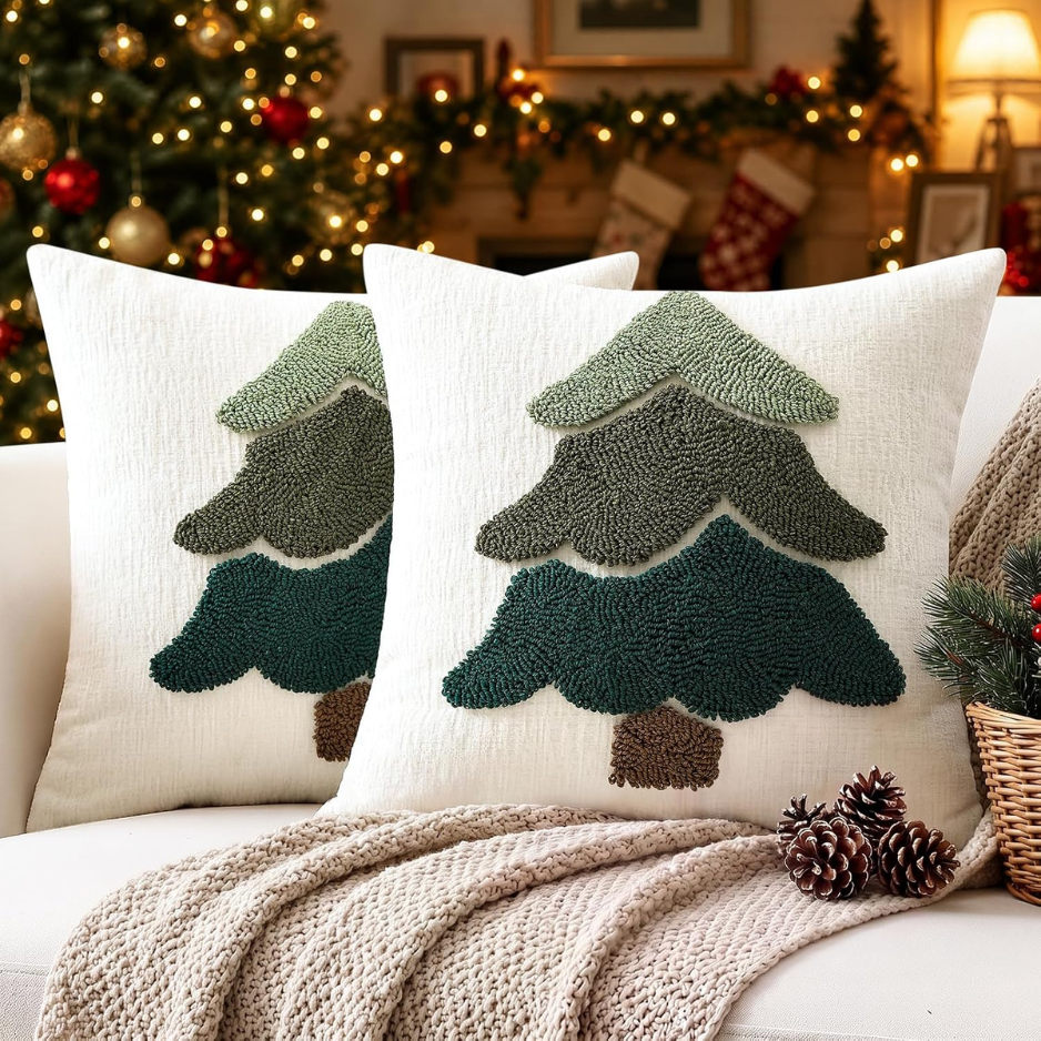 2Pcs Chenille Christmas Tree Pillow Covers 18x18, Green Holiday Decor photo 1